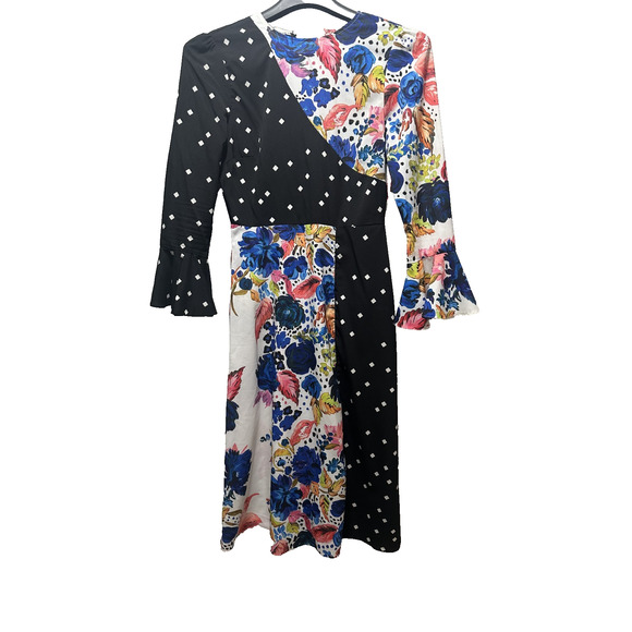 ASOS Women’s Mixed Print Midi Dress Size 6 Black White Floral Long Sleeve Boho - Picture 8 of 8